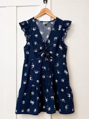 Universal Thread Navy Blue Floral Ruffle Sleeve Tie Front Mini Dress L